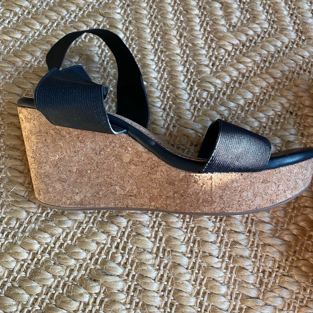 Worn Once Black Elastic Wrap Around Cork Wedges - image 2